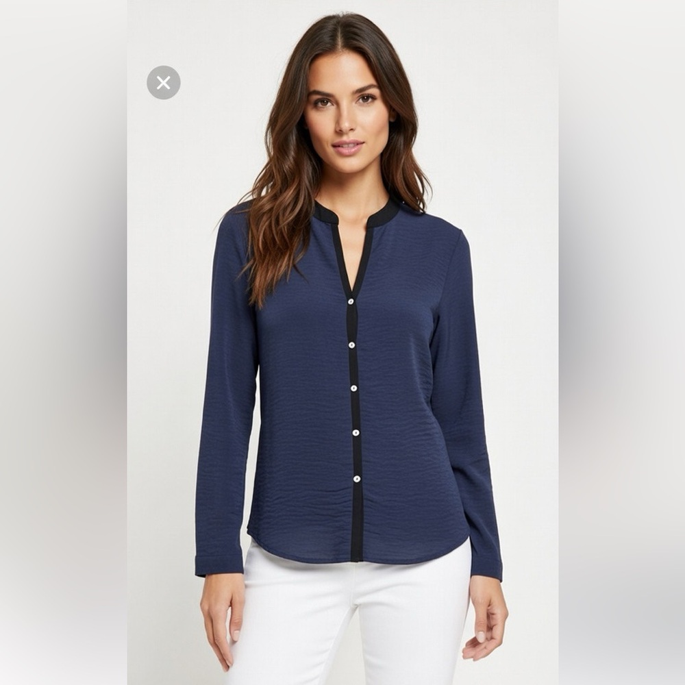 Tahari Navy Blue Button-Down Blouse with Black Trim